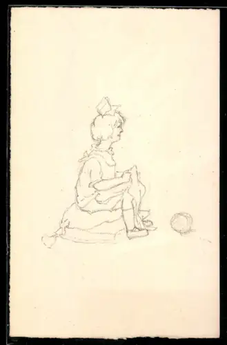 Künstler-AK Handgemalt: Junges Kind sitzt mit Schleife auf dem Kopf auf Kissen