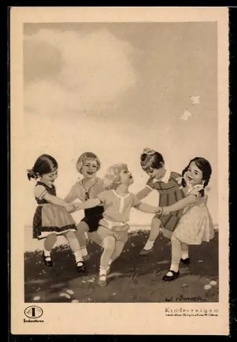 Künstler-AK W.I.: Kinderreigen, Kinder tanzen Ringelrein auf der Wiese, Reklamekarte für Indanthren Textilfarbe