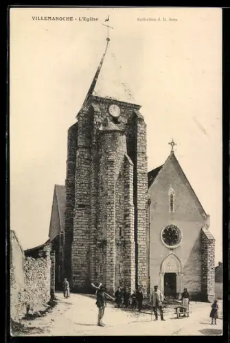 AK Villemanoche, L`Église et scène de rue animée