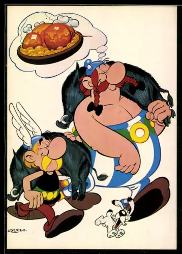 Künstler-AK Asterix und Obelix nach erfolgreicher Wildschweinjagd, Comic