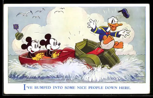 AK Comic, Donald Duck im Boot wird von Motorboot mit Mickey Maus und Minnie gerammt