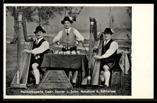 AK Hausham, Heimatkapelle Gebr. Saurer u. Sohn, mit Harfen u. Kuhglocken