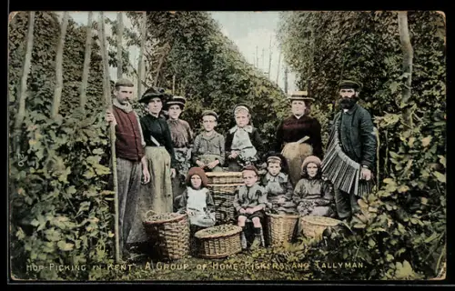 AK Hop-Picking in Kent, A Group of Home Pickers and Tallyman