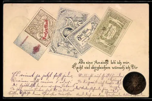 Präge-Lithographie So eine Ansicht lob ich mir..., Geldscheine, Münze