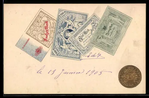 Präge-Lithographie Geldscheine u. geprägte Münze der Reichsbank