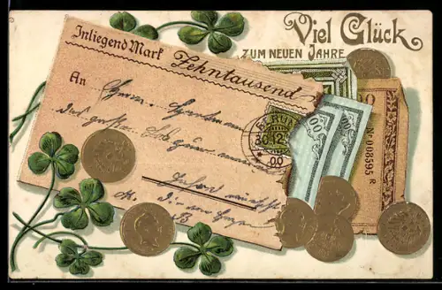 AK Neujahrsgruss, Goldmark, Kleeblatt