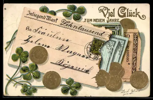 AK Umschlag mit Scheinen, Geldmünzen und Kleeblättern