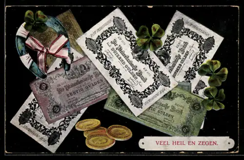 AK Gulden-Geldscheine, Münzen, Hufeisen, Kleeblätter, Veel Heil en Zegen