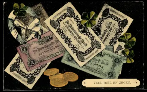 AK Gulden-Geldscheine, Münzen, Hufeisen, Kleeblätter, Schleife, Veel Heil en Zegen