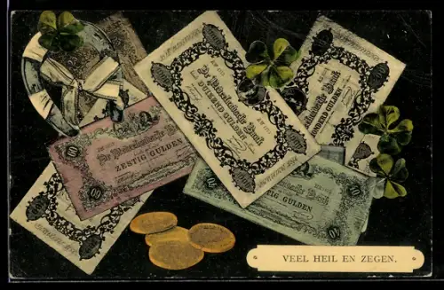 AK Gulden-Geldscheine, Münzen, Hufeisen, Schleife, Kleeblätter, Veel Heil en Zegen