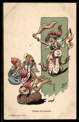 Künstler-AK sign. E. Herzig: Männer sehen einer Frau beim Tanz zu, einer spielt Flöte