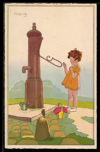 Künstler-AK G. Lauvey: Bonne Fête, das Mädchen will die Giesskanne am Brunnen füllen