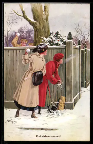 Künstler-AK sign. Edgar A. Holloway: Zwei Frauen warten mit Schneebällen hinter einem Zaun