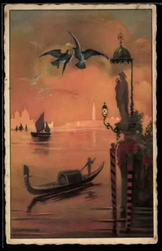 Künstler-AK sign. Ezio Anichini: Ruderboot auf dem Wasser mit zwei Schwalben darüber