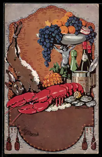 Künstler-AK sign. Ortmann: Hummer, Obst und Kaninchen