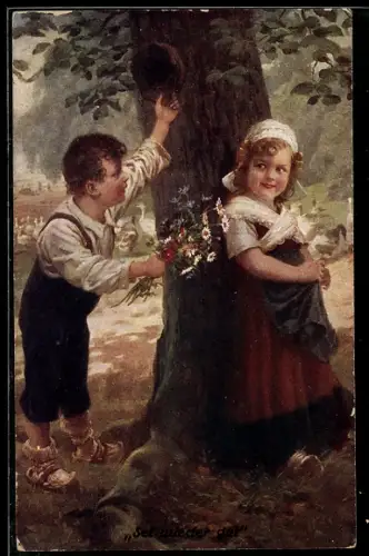 Künstler-AK sign. Hans W. Schmidt: Junge überreicht einem Mädchen einen Blumenstrauss an einem Baum