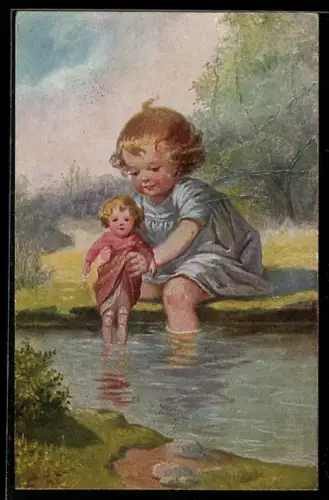 Künstler-AK sign. F. Jagelska: Kind badet die Füsse einer Puppe im Wasser