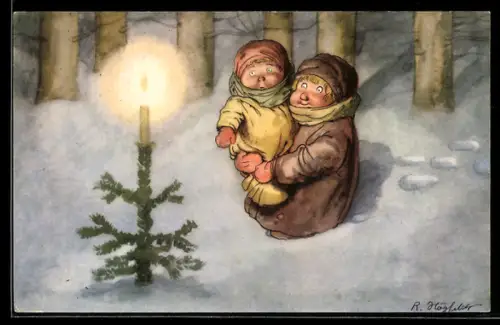 Künstler-AK sign. R. Högfelch: Mutter findet mit ihrem Sohn im verschneiten Wald einen Christbaum mit Kerze