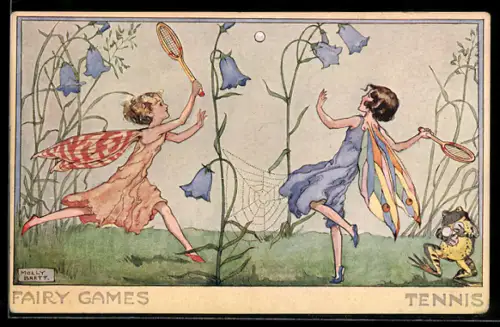 Künstler-AK sign. Molly Brett: Elfen spielen Tennis zwischen Blumen
