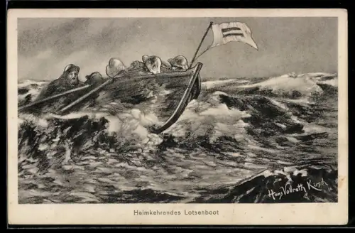 Künstler-AK sign. Hans Vollrath Kirsch: Heimkehrendes Lotsenboot bei stürmischer See