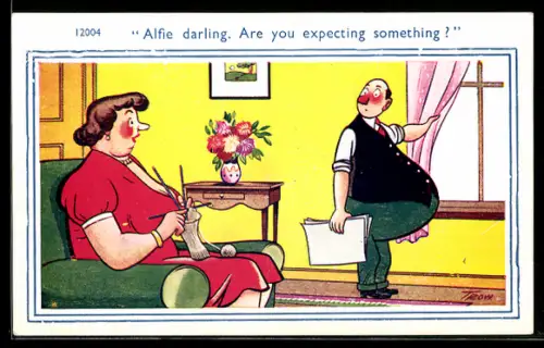 Künstler-AK sign. Trow: Frau beim Stricken spricht mit ihrem korpulenten Mann am Fenster