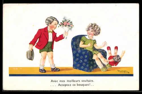 Künstler-AK sign. Marcus: Junge überreicht einem Mädchen auf einem Sessel einen Blumenstrauss
