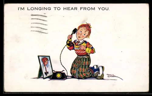 Künstler-AK sign. Phyllis Cooper: Kind am Telefon vor dem Portrait eines Mädchens mit Zopf