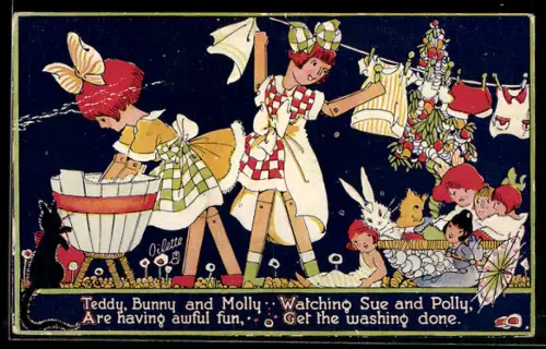 Künstler-AK sign. Phyllis Cooper: Kinder beim Wäschewaschen und Aufhängen