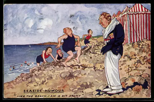 Künstler-AK sign. Fred Buchanan: Männer in Badeanzügen und schmerzenden Füssen am Ufer