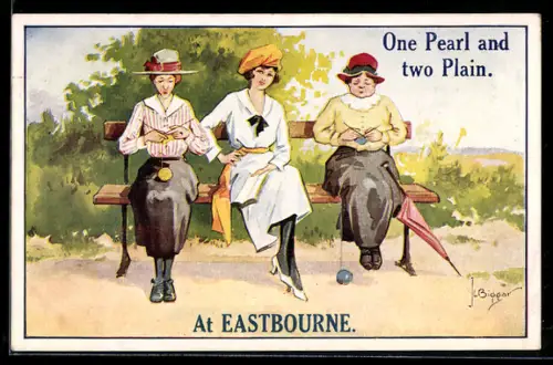 Künstler-AK sign. J. L. Biggar: Schöne Frau auf einer Bank zwischen zwei Damen