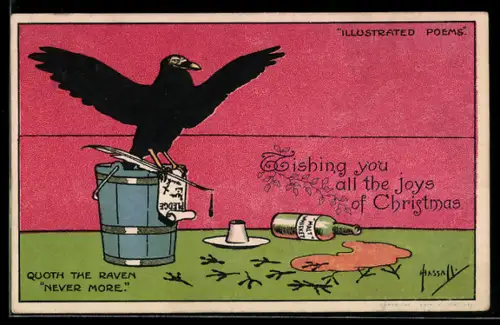 Künstler-AK sign. John Hassall: Rabe hat Fussspuren auf dem Tisch hinterlassen, Quoth the Raven Never more