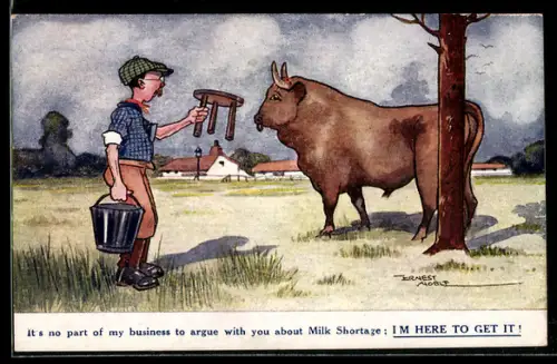 Künstler-AK sign. Ernest Noble: Mann mit Melkschemel vor einem Bullen