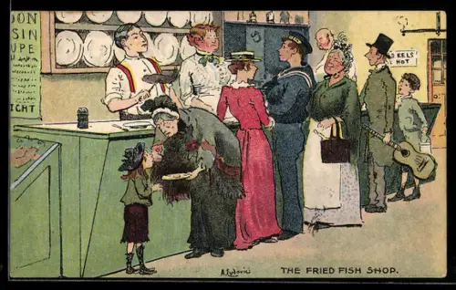 Künstler-AK sign. Ludovici: The fried fish shop, Gäste stehen am Tresen und warten