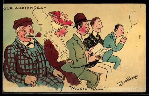 Künstler-AK sign. Theo Penny: Rauchende Zuschauer bei einem Konzert