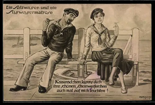 Künstler-AK sign. Bernhard: Matrose bandelt mit einer hübschen rauchenden Frau an