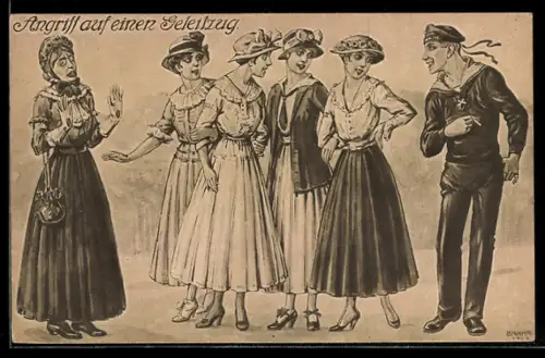 Künstler-AK sign. Bernhard: Angriff auf einen Geleitzug, junger Frauen umgarnen einen Matrosen