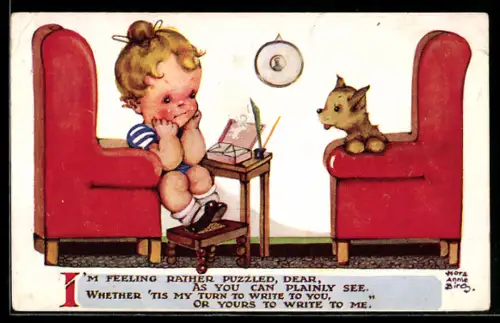 Künstler-AK sign. Nora Annie Birch: Kleinkind auf einem Sessel sitzt einem Hund gegenüber