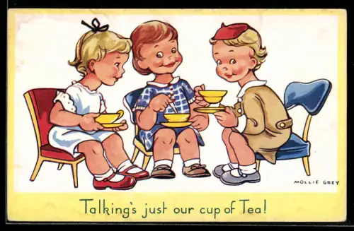 Künstler-AK sign. Mollie Grey: Drei Kinder beim Teetrinken