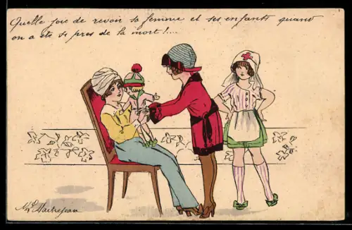 Künstler-AK sign. L. Maitrejean: Frau mit Kopfverband sitzt mit Kleinkind auf einem Stuhl