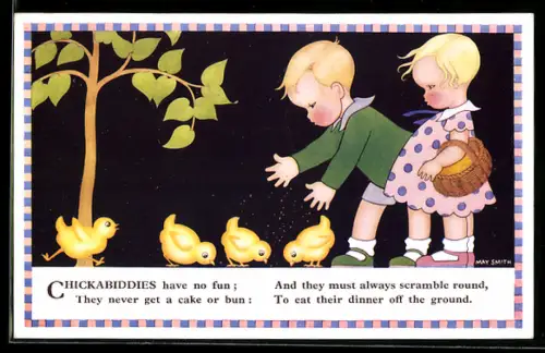 Künstler-AK sign. May Smith: Kinder füttern Küken mit Körnern