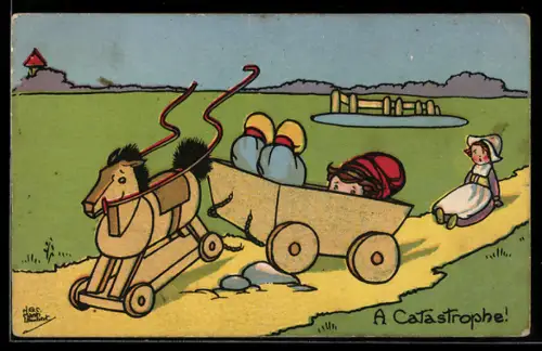 Künstler-AK sign. H.G.C. Marsh Lambert: Kutsche wird von einem Rollpferd gezogen und fährt über einen Stein