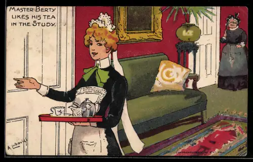 Künstler-AK sign. A. Lindorici: Hübsches Dienstmädchen mit Teeservice wird von einer alten Dame skeptisch beobachtet