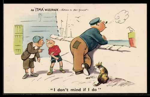 Künstler-AK sign. Bert Thomas: Seemann mit Pfeife steht neben einer Katze und wird von Jungs ausgelacht