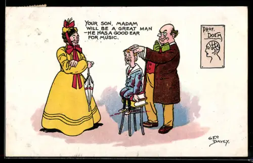 Künstler-AK sign. Geo Davey: Kind sitzt während einer Untersuchung auf Büchern