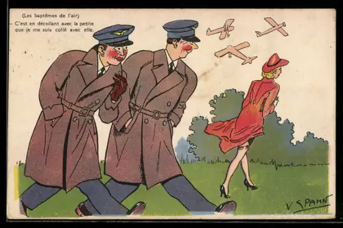 Künstler-AK sign. V. Spahn: Zwei Piloten sehen einer attraktiven Frau mit halterlosen Strümpfen nach