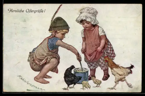 Künstler-AK sign. Mechle-Grosmann: Kinder beim Füttern von Hühnern