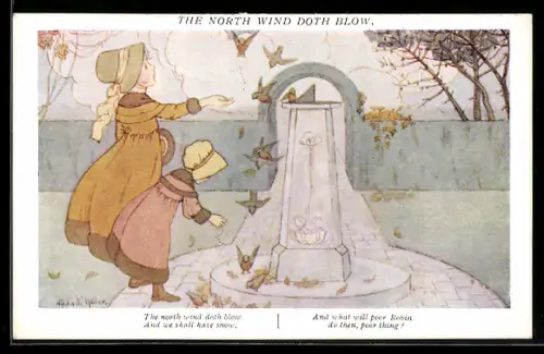 Künstler-AK sign. H. T. Miller: Mädchen füttern die Vögel im Garten