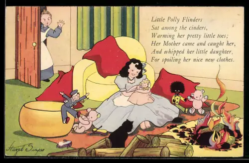Künstler-AK Little Polly Flinders Sat among the cinders, Mädchen mit Puppen