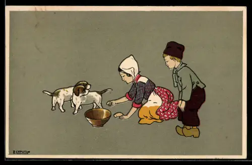 Künstler-AK sign. R. Caputi: Kinder füttern zwei niedliche Hunde