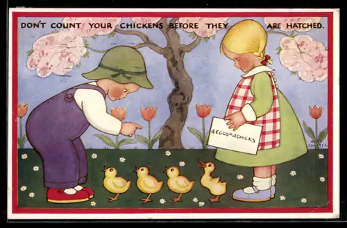 Künstler-AK sign. May Smith: Zwei Kinder mit Küken auf einer Wiese